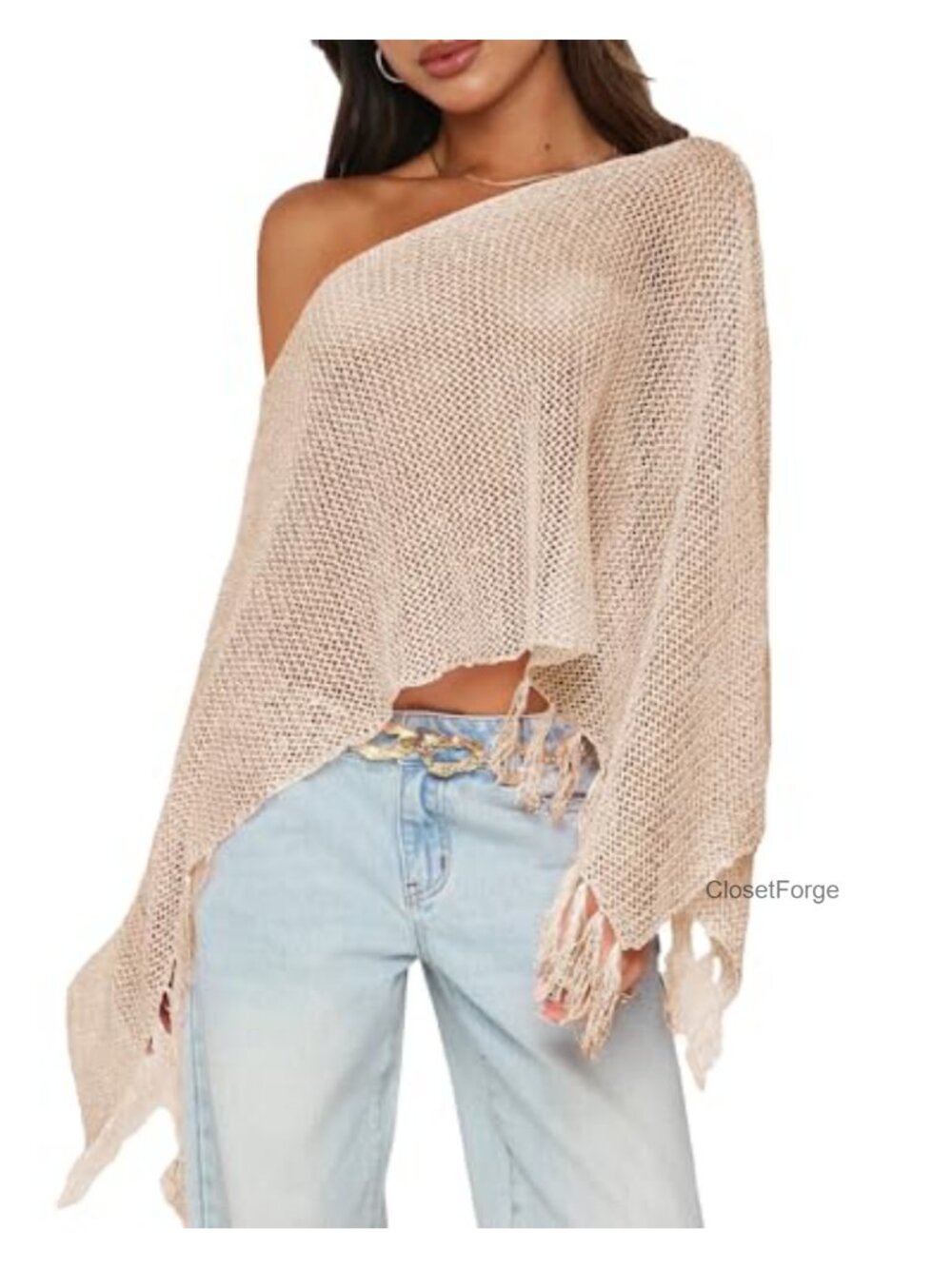 Sheer Knit Fringe Poncho Womens Lightweight Crochet Shawl